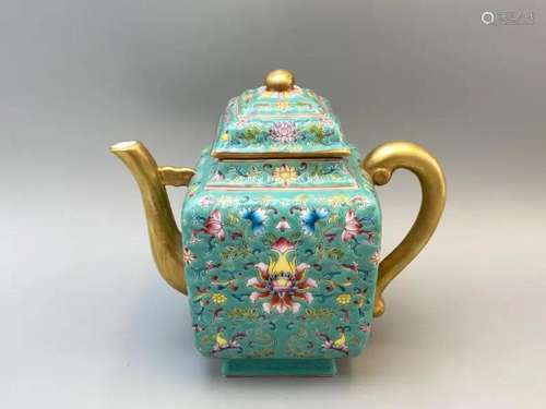 TURQUOISE GLAZED FLORAL PORCELAIN TEAPOT