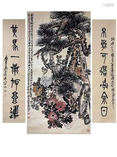 WU CHANGSHUO,CHRYSANTHEMUM AND CALLIGRAPHY COUPLET