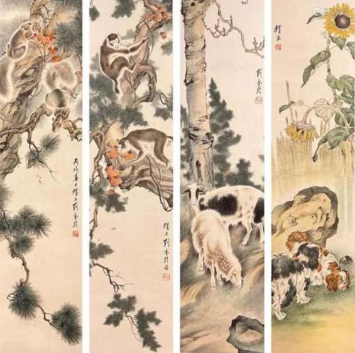 LIU KUILING, FOUR PANELS PAINTING OF ANIMALS