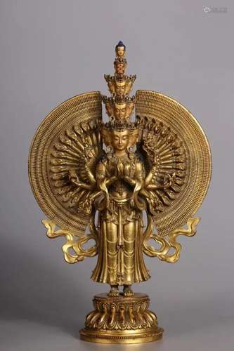 GILT BRONZE THOUSAND ARMED AVALOKITESHVARA EFFIGY