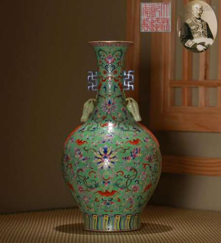 A Famille Rose Lotus Scrolls Vase with Double Handles