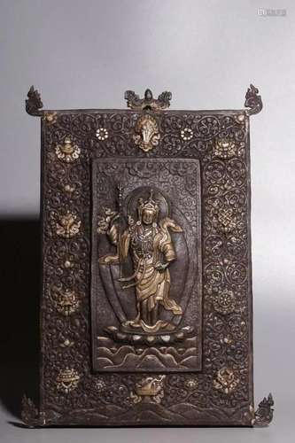 GOLD AND SILVER INLAID 'BUDDHA' IRON PLAQUE