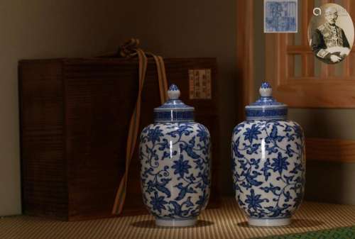 Pair Blue and White Flower Scrolls Jar with Covers