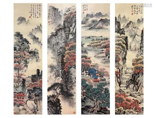 GUAN SHANYUE, FOUR PANELS LANDSCAPE PAINTINGS