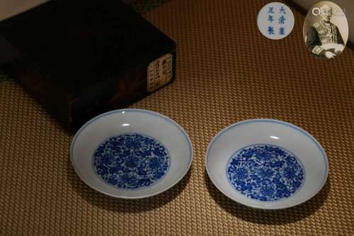 Pair Blue and White Flower Scrolls Plate