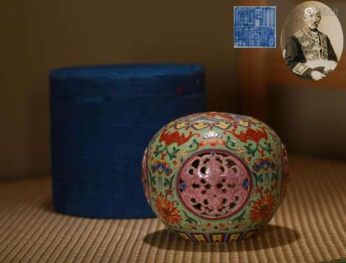 A Turquoise Ground Famille Rose Incense Burner