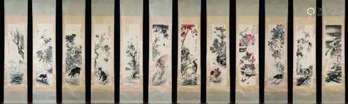 WANG XUETAO, TWELVE PANELS VARIOUS ANIMALS