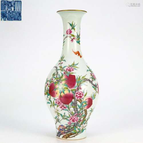 A Famille Rose Peaches Olive Shaped Vase