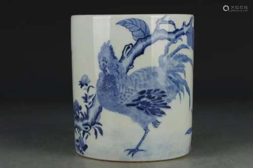 BLUE AND WHITE 'ROOSTER' BRUSH POT