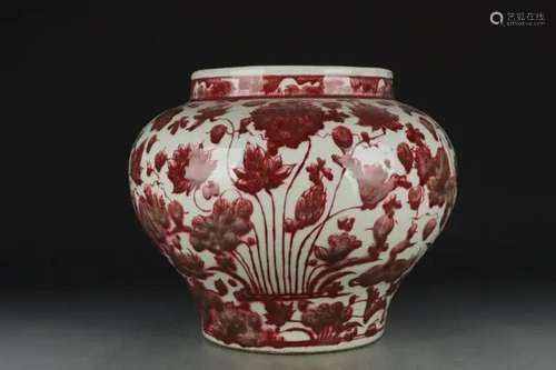 UNDERGLAZED RED 'LOTUS' PORCELAIN JAR