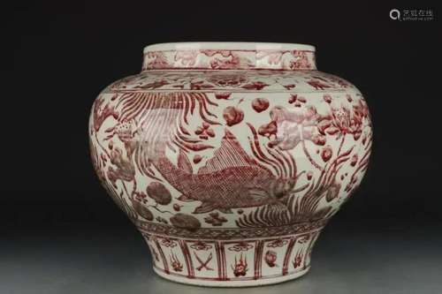 UNDERGLAZE RED 'POND VIEW' PORCELAIN JAR