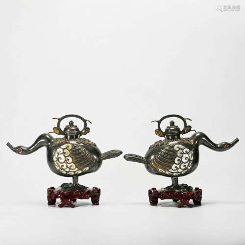 Pair Silver Duck Form Ewers