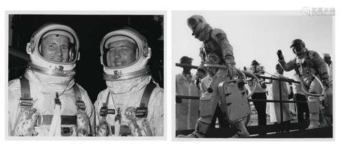 Four views of the crew, the launch and the mission control, ...