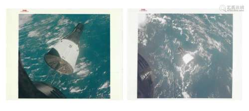 Two views of Gemini 7 floating over the seas and clouds of E...