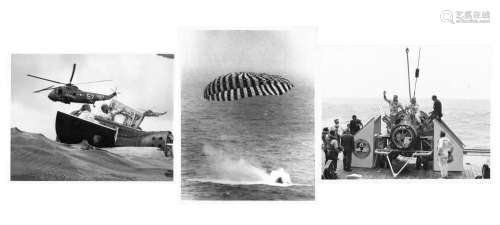 Three views of the splashdown and recovery at sea, Gemini 9A...