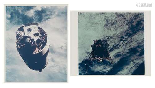 Views of the first Lunar Module in space before and after ex...