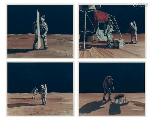 First moon walk, artist renditions (4 prints), Apollo 11, 16...