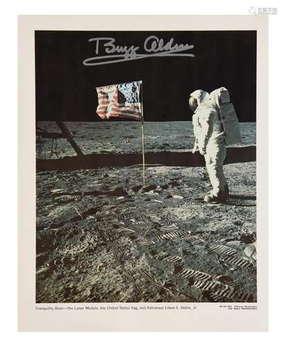 Buzz Aldrin stands next to the U.S. flag, SIGNED [large form...