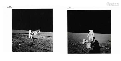 Diptych: Charles Conrad holds the US flag; Alan Bean deploys...