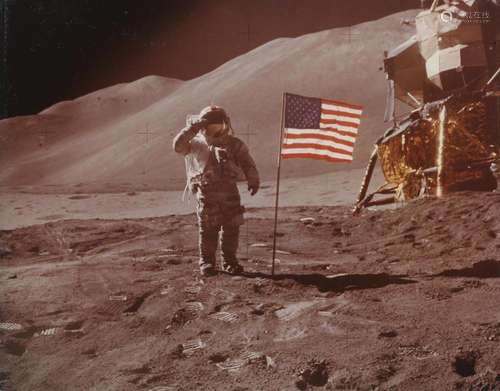 View of Dave Scott saluting the American flag, Apollo 15, 26...