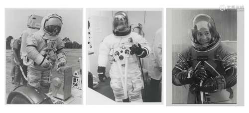 Three spacesuit portraits of the crew during pre-launch acti...