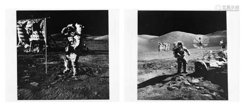 Two portraits of the last moonwalker with the US flag and th...