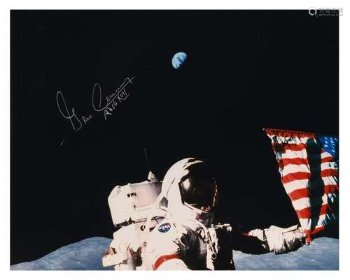 Gene Cernan, the last lunar flag and Earth behind, SIGNED [l...