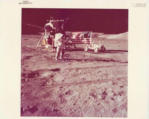 Portrait of the last moonwalker with the US flag, the Rover ...