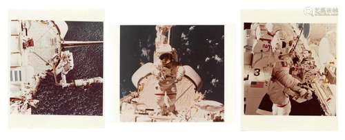 Three views of Bruce McCandless conducting an EVA, STS-41B, ...