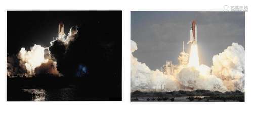 Space Shuttle Atlantis, four views of the lift offs, STS-36,...