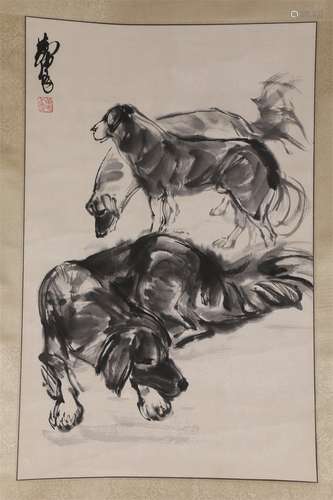 A Dogs Painting on Paper by Huang Zhou.