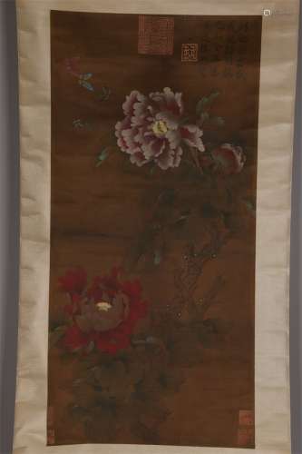 A Flowers and Butterflies Painting on Silk.