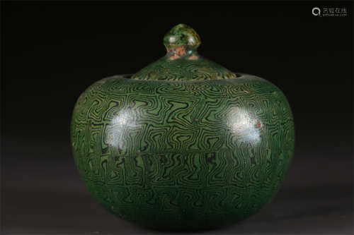 A Nerikomi Glazed Porcelain Pot with Lid.