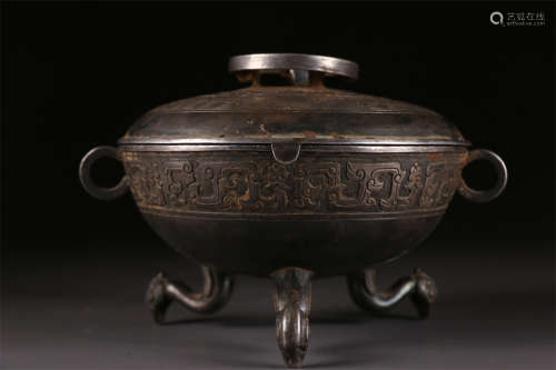 A Tripod Silver Bowl with Lid.
