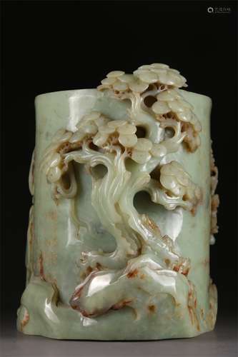 A Hetian Jade Brush Pot with Plants Design.