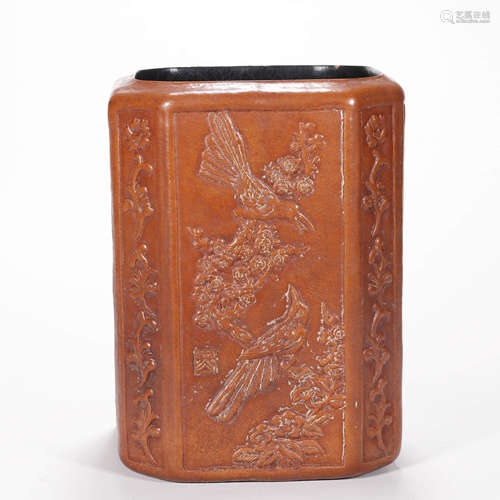 Carved Gourd Flower and Bird Brush Pot