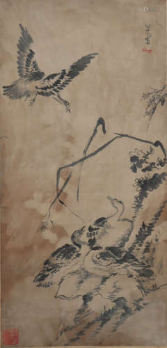 Chinese Flower and Bird Painting Hand Scroll, Zhu Da Mark