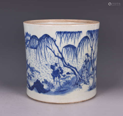 Blue and White Landscape Brush Pot