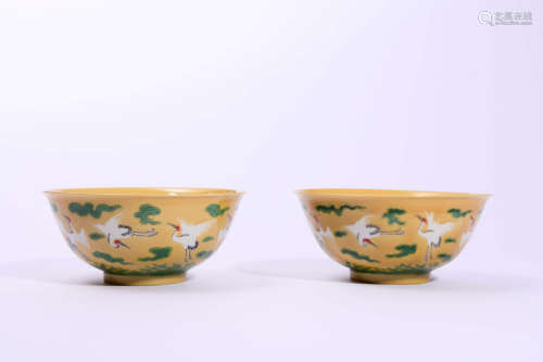 Pair of Yellow Glaze Cranes and Clouds Bowls