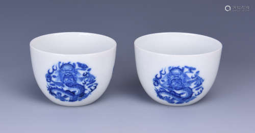 Pair of Blue and White Dragon Cups