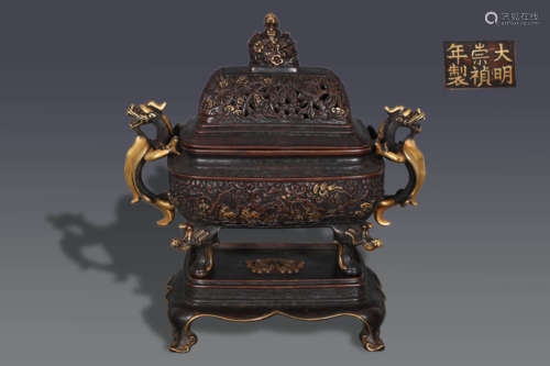 Gilt Bronze Kuilong Square Censer