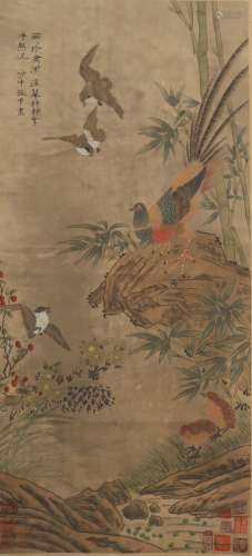 Chinese Flower and Bird Painting Hand Scroll, Zhang Zhong Ma...