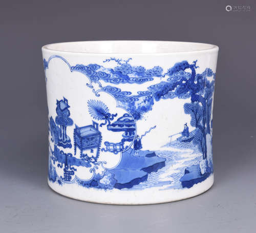 Blue and White Figure and Landscape Brush Pot