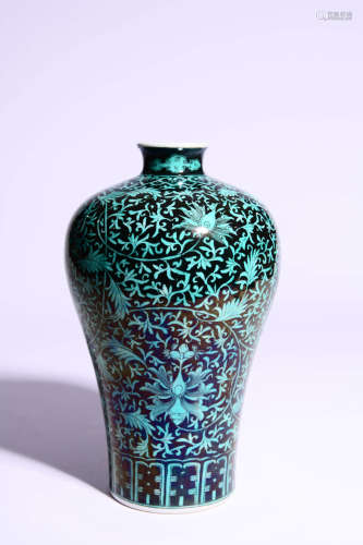 Black Glaze and Green Enamel Floral Meiping