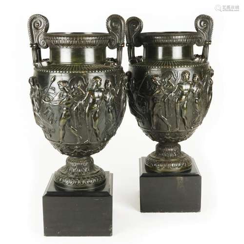 A pair of French patinated and chiseled bronze vases, 19th c...