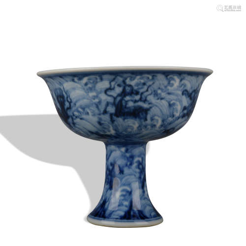 A blue and white 'seawater' stem bowl