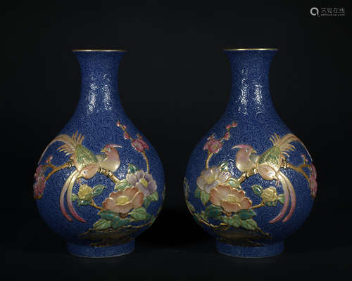 A pair of enamel 'floral and birds' vase