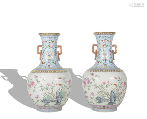 A pair of  famille-rose 'floral' vase