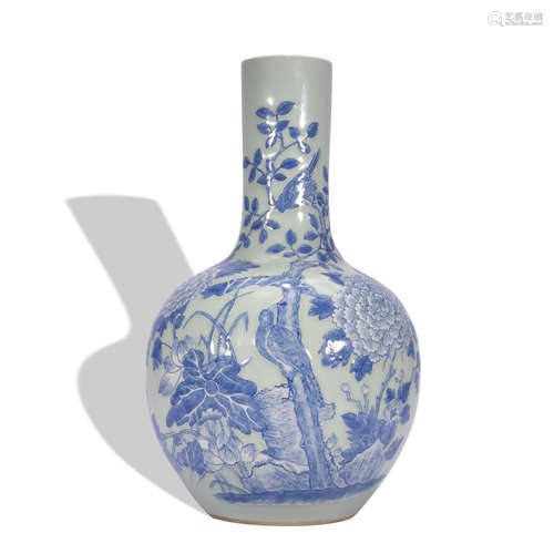 A blue and white 'floral and birds' vase