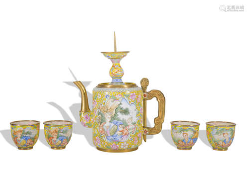 A set of enamel teapot and cup